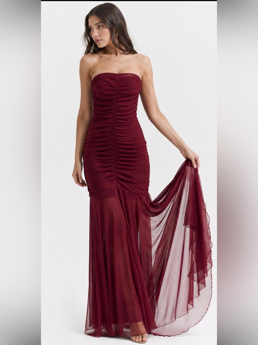 Ruched Burgundy Maxi Dress with Sheer Draped Skirt